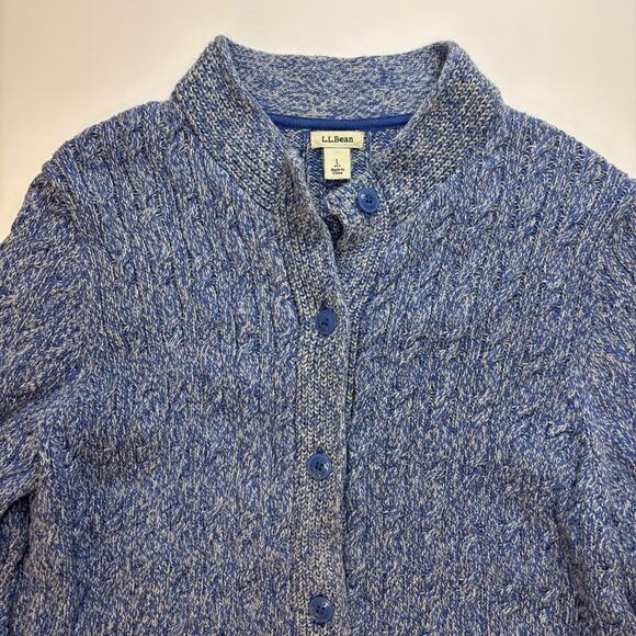 LL Bean Cable Knit Cardigan Button Up Womens L Pet. Blue Fisherman Coastal Grand - Picture 4 of 10